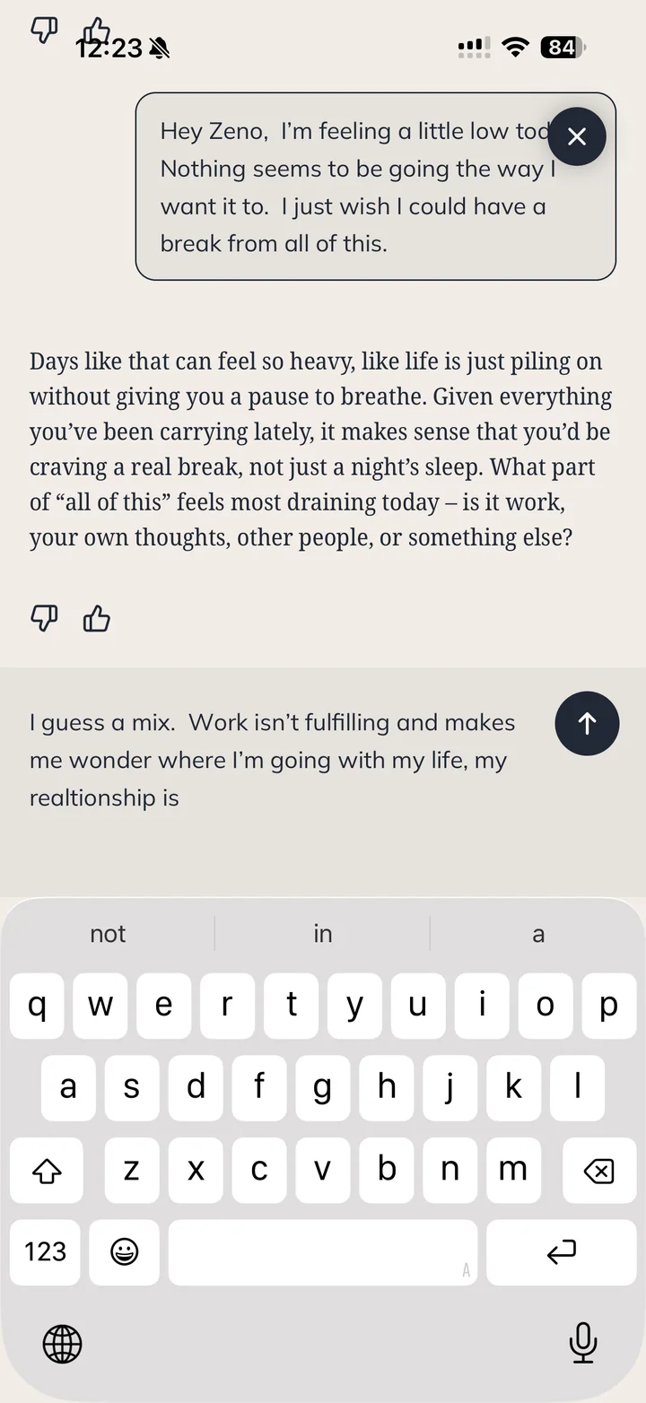 A conversation in Zeno: the user says they feel low, and Zeno reflects back with a gentle question