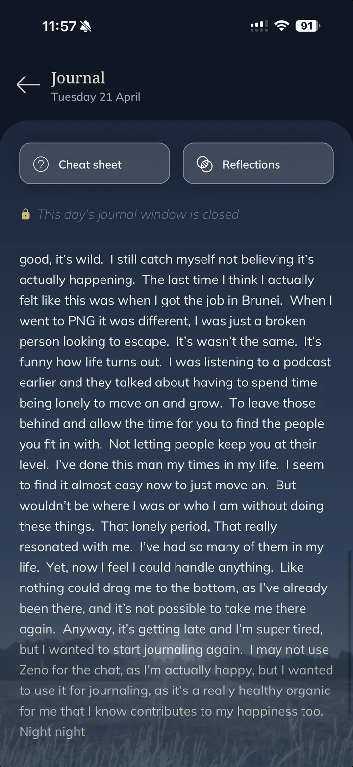 A free-written journal entry in Zeno